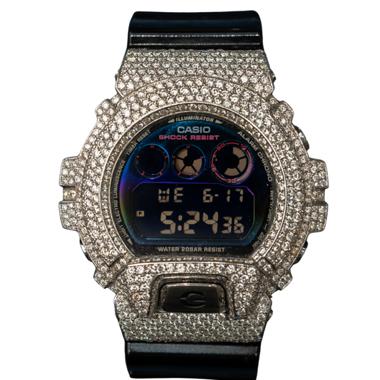 Casio Iced out G Shock Digital White Gold with TRI COLOR Blue/Purple/Green Dial