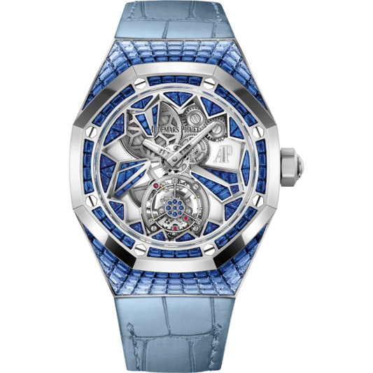 Royal Oak Concept 38.5mm Flying Tourbillon Light Blue Aligator Strap Constellation with 18-Carat White Gold Case Entirely Set Sapphires