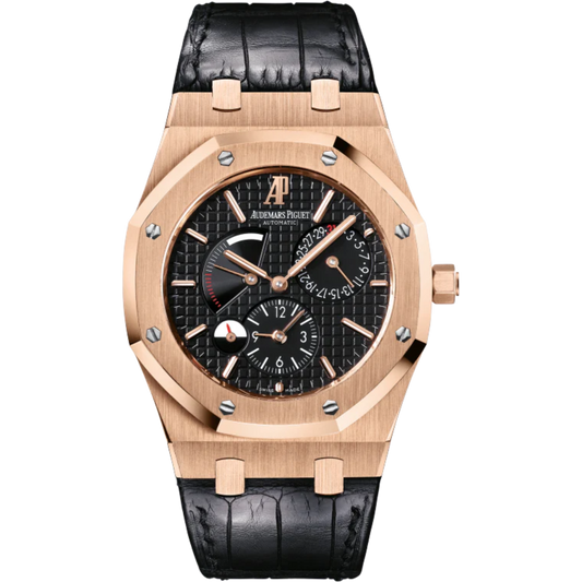 Royal Oak Dual Time 39MM Black Alligator Strap Black Dial With Grande Tapisserie Pattern 18-Carat Pink Gold Case