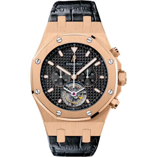 Royal Oak Tourbillon Chronograph 44MM Black Alligator Strap Black Dial With Grande Tapisserie Pattern 18-Carat Pink Gold Case