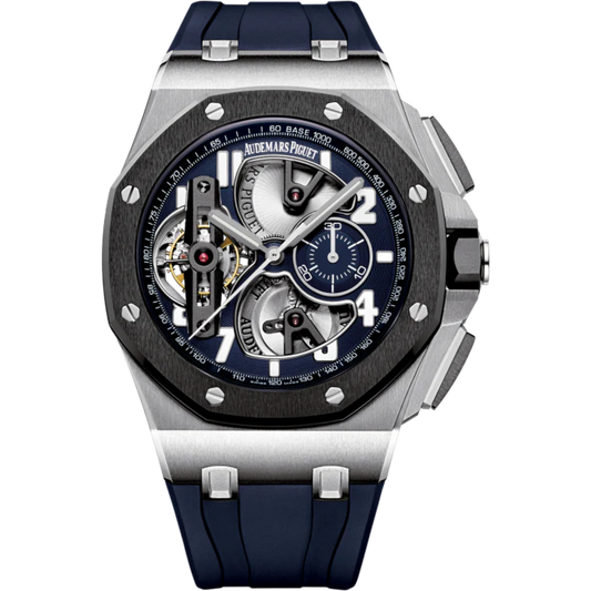Royal Oak Offshore Tourbillon Chronograph 44MM Blue Rubber Strap Blue Dial Openworked at 6, 9 and 12 O’Clock, Silver-Toned Counter 950 Platinum Case