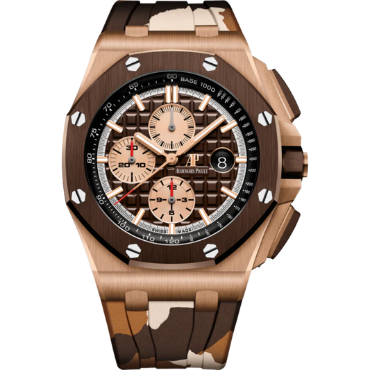 Royal Oak Offshore Selfwinding Chronograph 44MM Brown Camouflage Rubber Strap Brown Dial With Méga Tapisserie Pattern 18-Carat Pink Gold Case Brown Ceramic Bezel