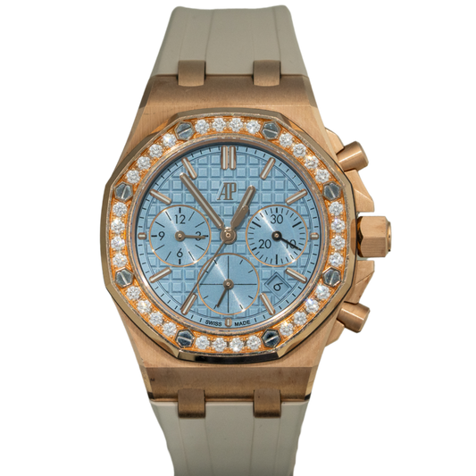 Audemars Piguet Royal Oak Chronograph Ref. 26231OR.ZZ.A085CA.01 37mm Rose Gold Ice Blue Dial with Diamond Bezel on Rubber