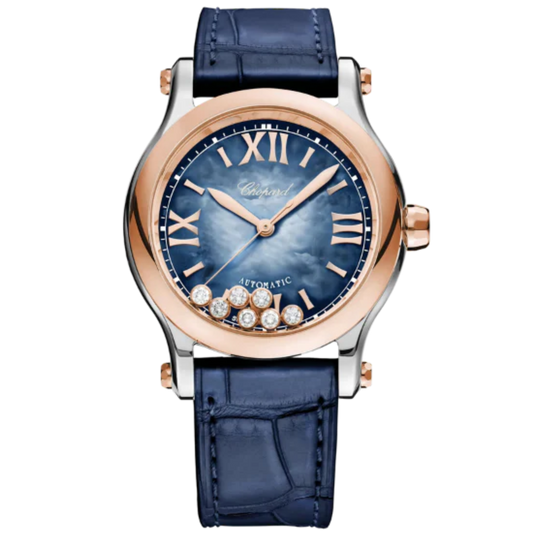 HAPPY SPORT 36 MM ETHICAL ROSE GOLD - LUCENT STEEL™ WITH BLUE MOTHER OF PEARL DIAL