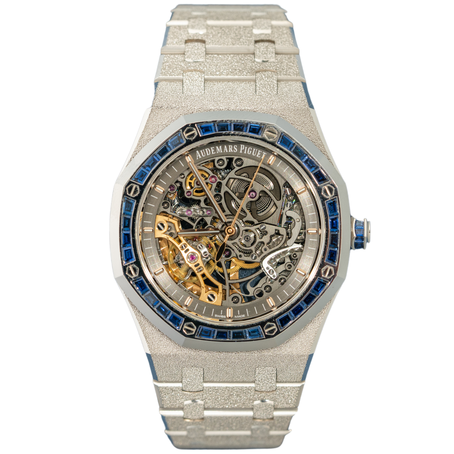 Audemars Piguet Ref. 15412BC.ZZ.1220BC.01 White Gold Frosted Skeleton Sapphire Bezel + Crown Factory Set
