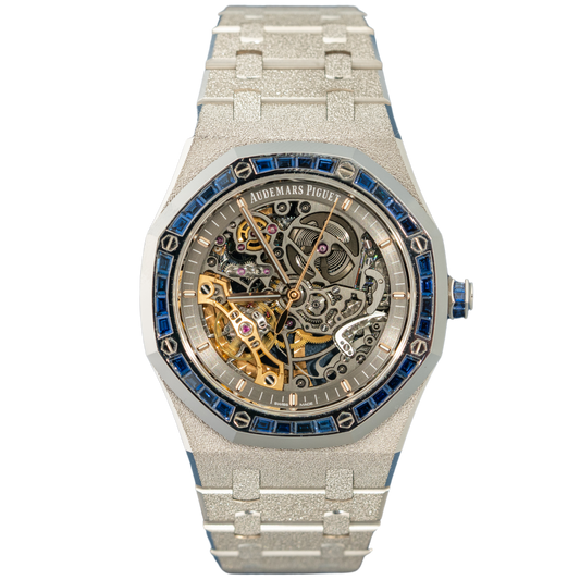 Audemars Piguet Ref. 15412BC.ZZ.1220BC.01 White Gold Frosted Skeleton Sapphire Bezel + Crown Factory Set
