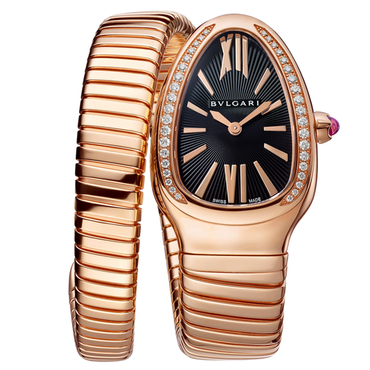 Bvlgari 101815 Serpenti Rose Gold Black Dial Diamond Bezel Single Coil