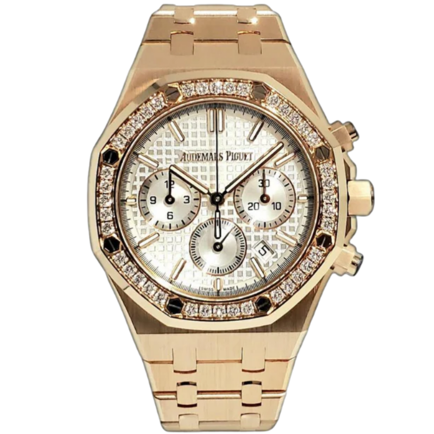 26715OR.ZZ.1356OR.01 38MM Rose Gold Royal Oak Choronograph White Dial with Diamond Bezel