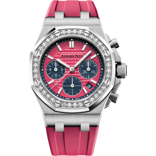 Royal Oak Offshore Selfwinding Chronograph 37MM Pink Rubber Strap Pink Dial With Lady Tapisserie Pattern Stainless Steel Case Diamond-Set Bezel