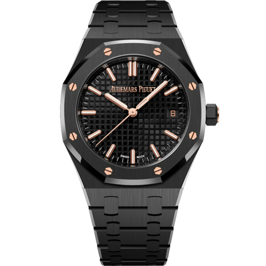 Royal Oak Selfwinding 50th Anniversary 34MM Black Ceramic Bracelet Black Dial With Grande Tapisserie Pattern Black Ceramic Case and 18-Carat Pink Gold Screws