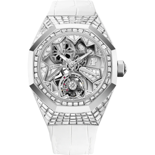 Royal Oak Concept 38.5mm Flying Tourbillon  White Aligator Strap with 18-Carat White Gold Inner Bezel Entirely Set Diamonds
