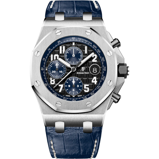 Royal Oak Offshore Chronograph 42MM Blue Alligator Strap Black Dial With Méga Tapisserie Pattern Stainless Steel Case