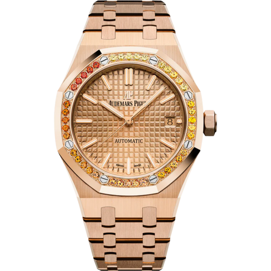 Royal Oak Selfwinding 37MM 18-Carat Pink Gold Bracelet Pink Gold-Toned Dial With Grande Tapisserie Pattern 18-Carat Pink Gold Case Bezel Set With Orange Sapphires