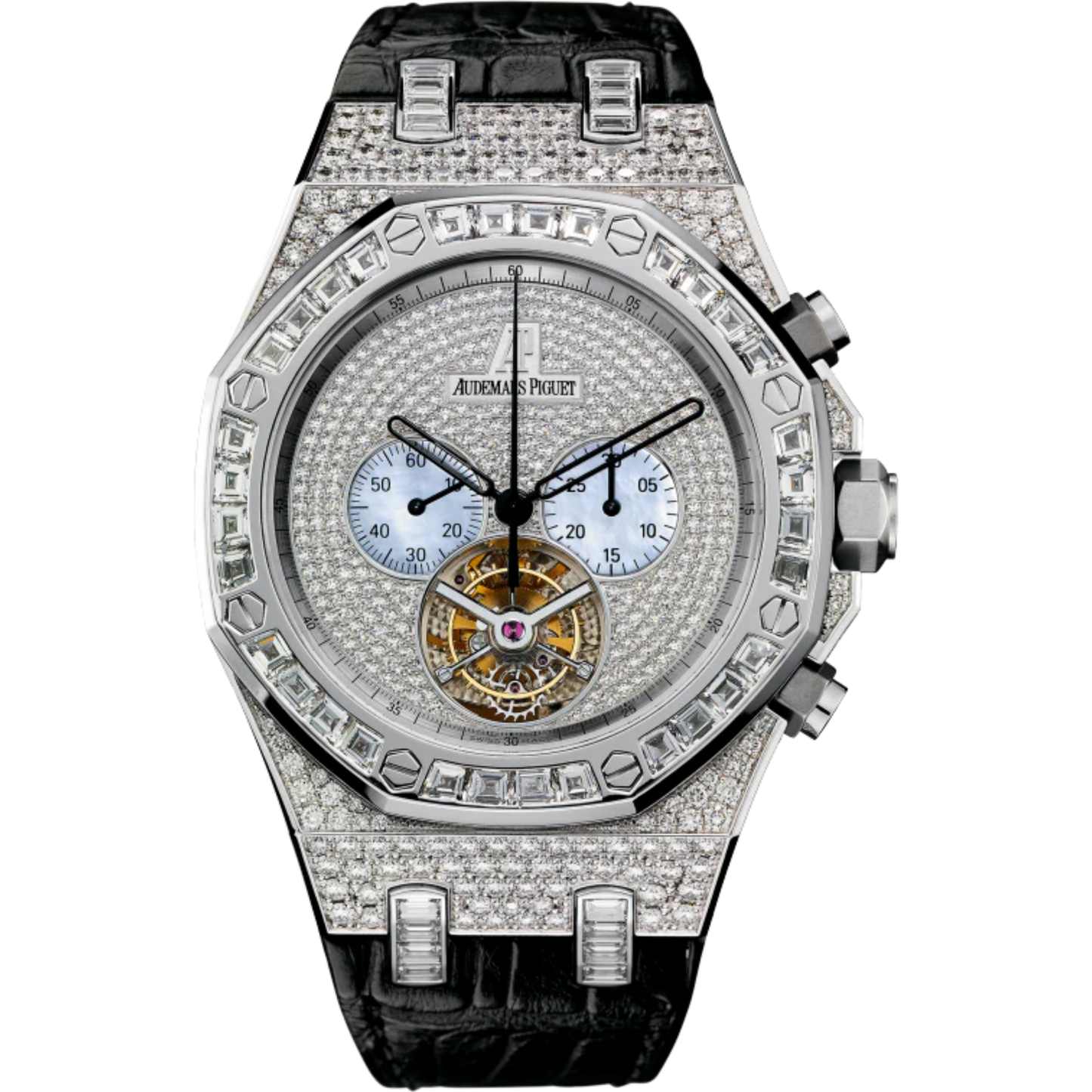 Royal Oak Tourbillon Chronograph 44MM Black Alligator Strap Diamond-Paved Dial 18-Carat White Gold Case Entirely Set With Diamonds
