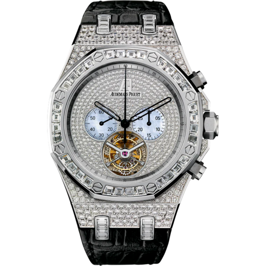 Royal Oak Tourbillon Chronograph 44MM Black Alligator Strap Diamond-Paved Dial 18-Carat White Gold Case Entirely Set With Diamonds