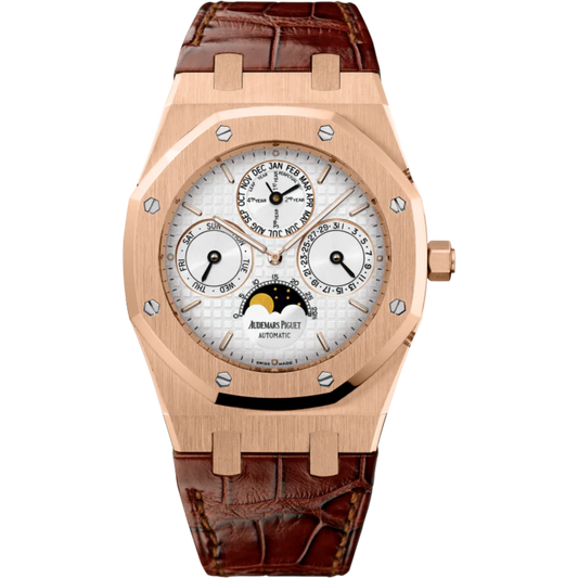 Royal Oak Perpetual Calendar 39MM Brown Alligator Strap Silver-Toned Dial With Grande Tapisserie Pattern 18-Carat Pink Gold Case