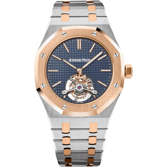 Royal Oak Tourbillon Extra-Thin 41MM Stainless Steel and 18-Carat Pink Gold Bracelet Blue Dial With Petite Tapisserie Pattern Stainless Steel Case 18-Carat Pink Gold Bezel