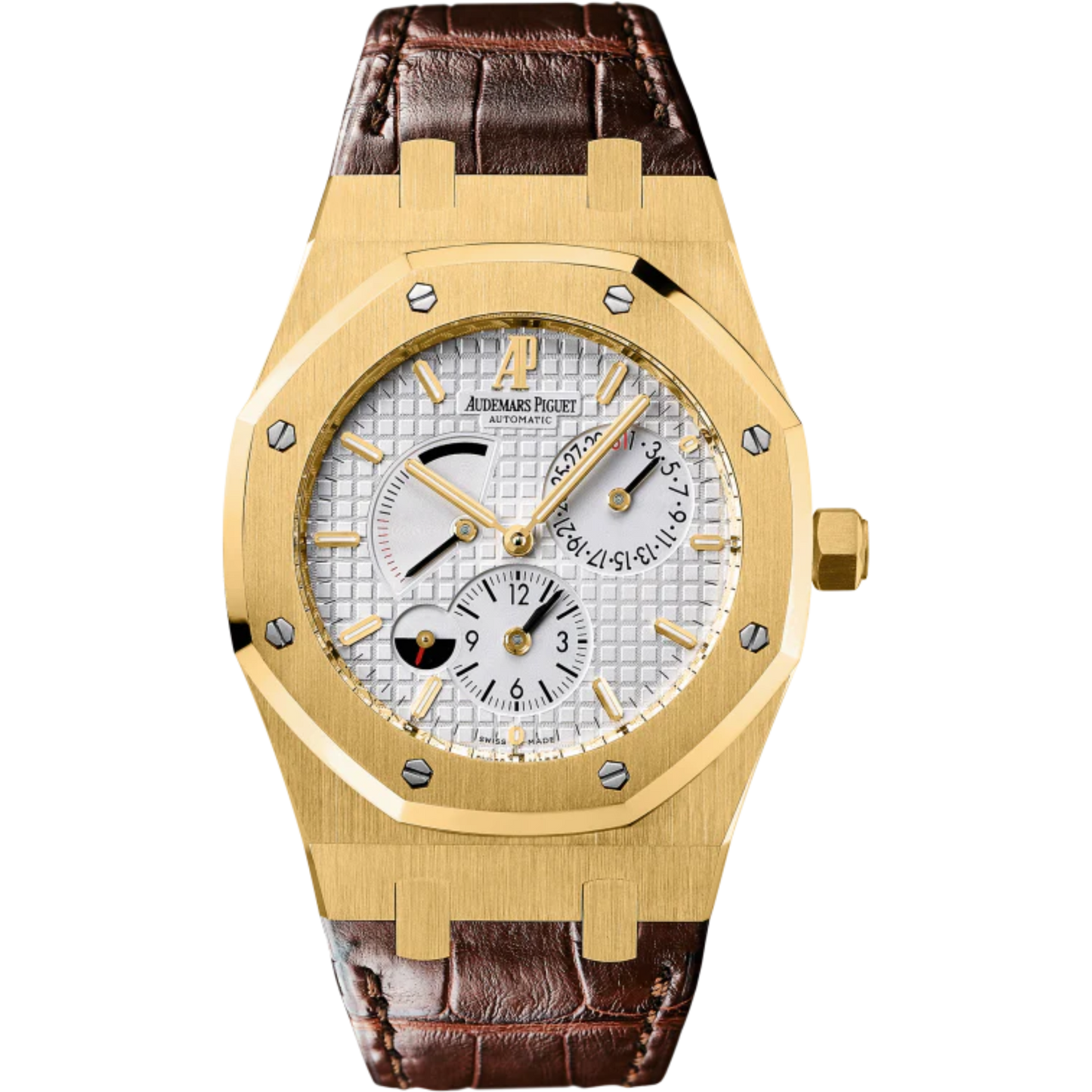 Royal Oak Dual Time 39MM Brown Crocodile Strap Silvered Dial With Grande Tapisserie Pattern 18-Carat Yellow Gold Case