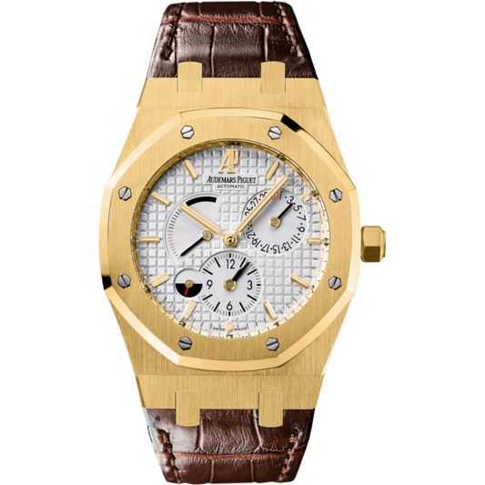 Royal Oak Dual Time 39MM Brown Crocodile Strap Silvered Dial With Grande Tapisserie Pattern 18-Carat Yellow Gold Case