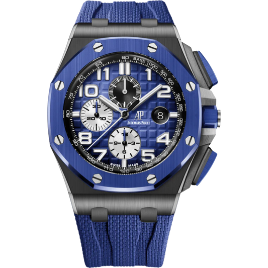 Royal Oak Offshore Selfwinding Chronograph 44MM Blue Rubber Strap With Textile Decoration Smoked Blue Dial With Mega Tapisserie Pattern Black Ceramic Case Blue Ceramic Bezel