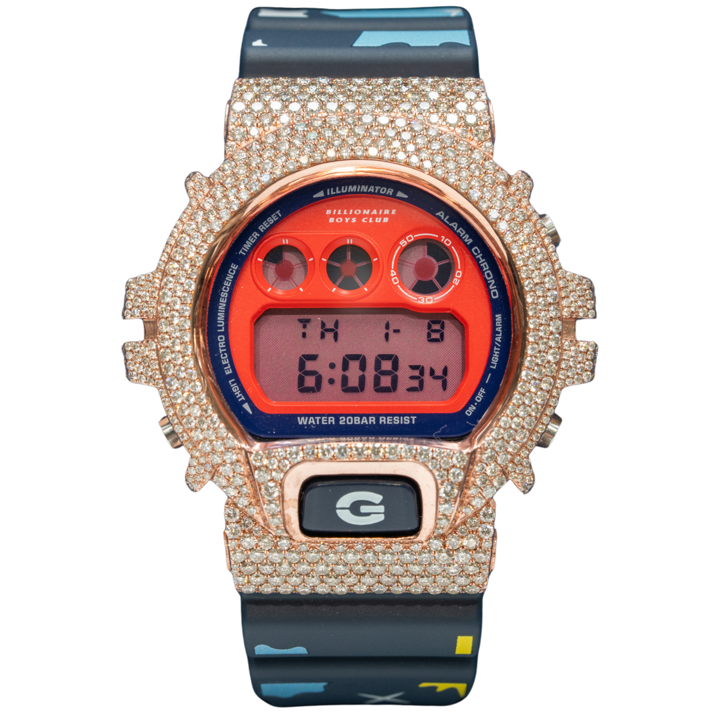 Casio Iced out G-SHOCK Honeycomb Setting All Rose Bezel 7.50 CTW Diamonds Orange Dial