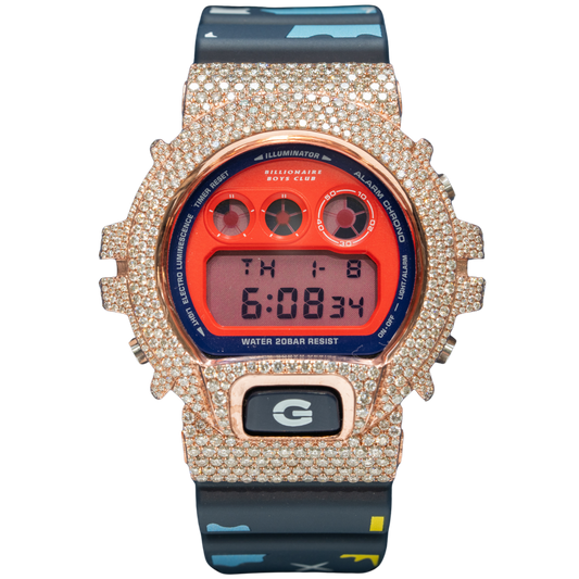 Casio Iced out G-SHOCK Honeycomb Setting All Rose Bezel 7.50 CTW Diamonds Orange Dial