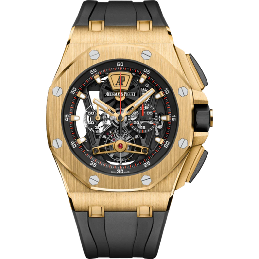 Royal Oak Offshore Tourbillon Chronograph 44MM Black Rubber Strap Sapphire Dial 18-Carat Yellow Gold Case and Bezel