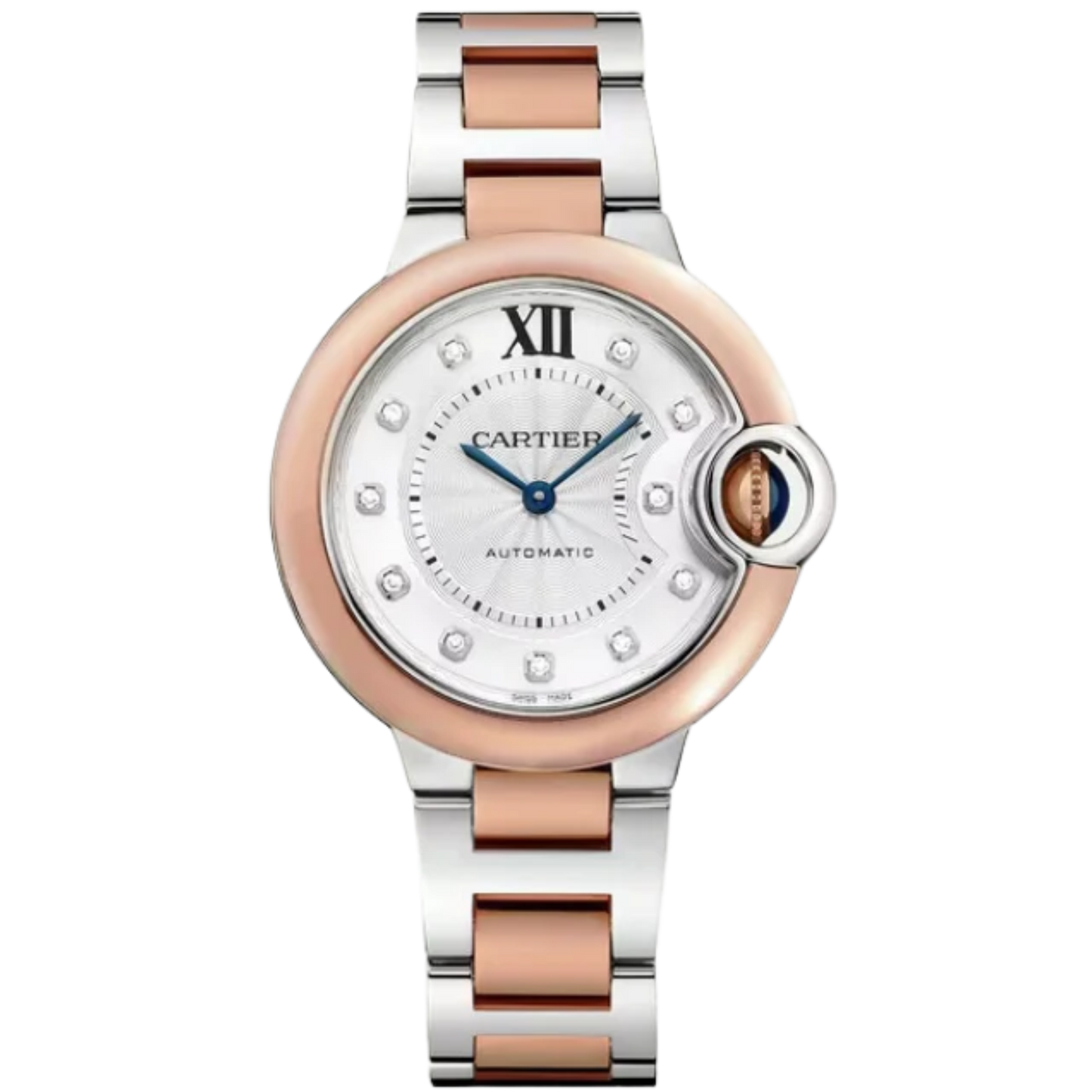 BALLON BLEU DE CARTIER 33 MM STAINLESS STEEL WITH  ROSE GOLD BEZEL AND SILVER GUILLOCHE DIAL