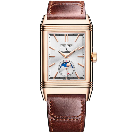 REVERSO TRIBUTE DUOFACE CALENDAR 49 MM 18K ROSE GOLD WITH  SILVER GREY AND GRAY SUNRAY BRUSHED DIAL