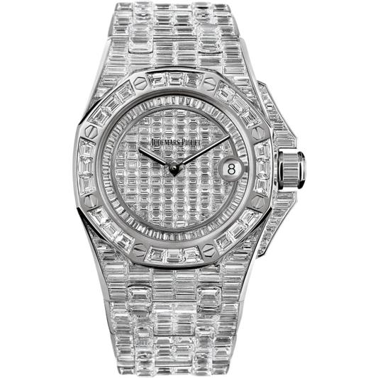 Royal Oak Offshore Quartz 37MM 18-Carat White Gold Bracelet 18-Carat White Gold Dial 18-Carat White Gold Case Entirely Set With Baguette-Cut Diamonds