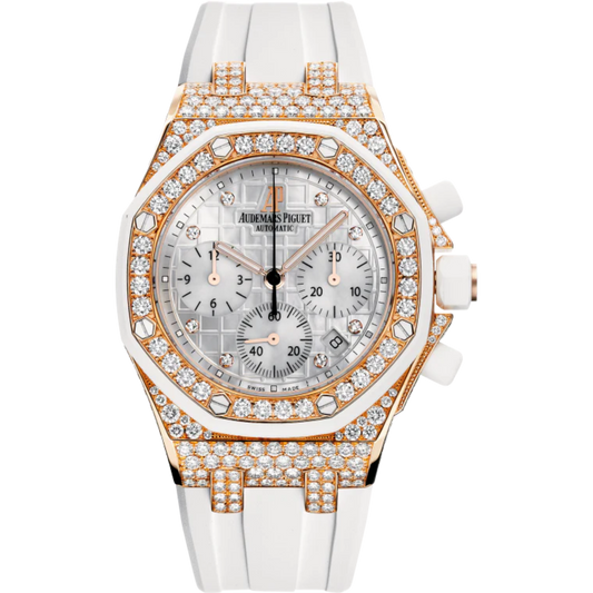 Royal Oak Offshore Chronograph 37MM White Rubber Strap Silvered Dial With Méga Tapisserie Pattern 18-Carat Pink Gold Case Entirely Set With Diamonds