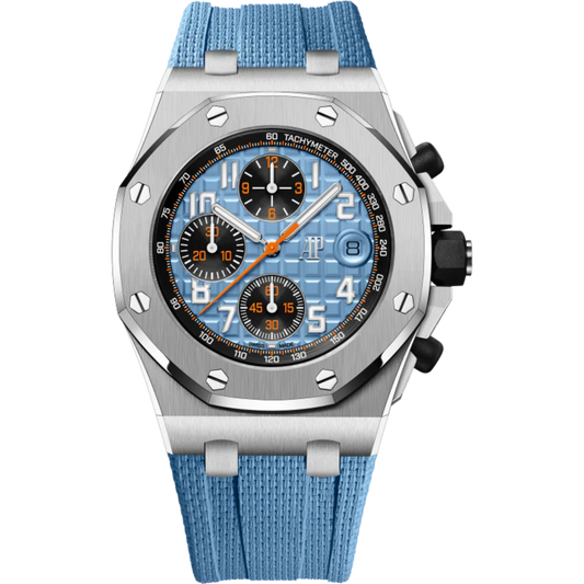 Royal Oak Offshore Selfwinding Chronograph 42MM Blue Rubber Strap With Textile Decoration Blue Dial With Méga Tapisserie Pattern Stainless Steel Case and Bezel