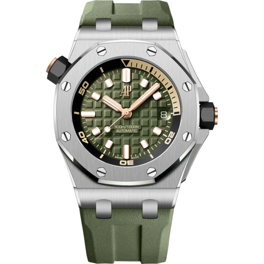 Royal Oak Offshore Diver 42MM Khaki Green Rubber Strap Khaki Green Dial With Méga Tapisserie Pattern Stainless Steel Case