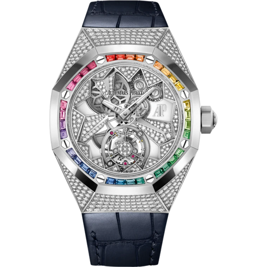Royal Oak Concept 38.5mm Flying Tourbillon White Gold Diamonds Dial Gemstones Bezel Alligator Leather Strap