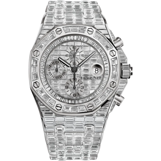 Royal Oak Offshore Selfwinding Chronograph 44MM 18-Carat White Gold Bracelet 18-Carat White Gold Dial 18-Carat White Gold Case and Bezel Entirely Set With  Baguette-Cut Diamonds
