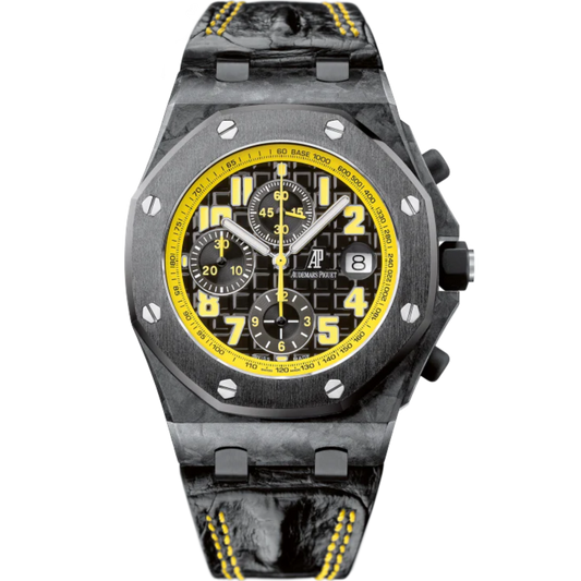Royal Oak Offshore Chronograph 42MM Black Alligator Strap Black Dial With Méga Tapisserie Pattern Forged Carbon Case Black Ceramic Bezel