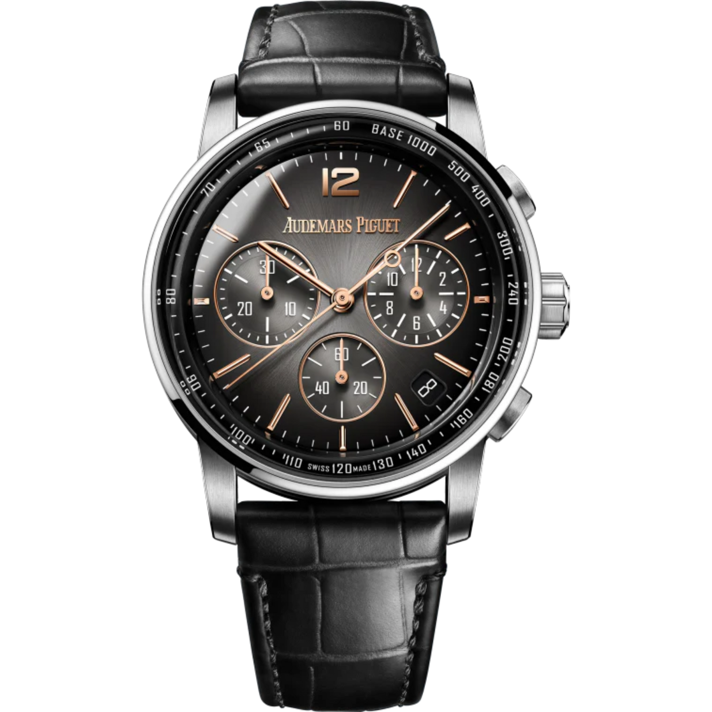 Code 11.59 by Audemars Piguet 41mm Black Alligator Strap Smoked Lacquered Grey Dial With Sunray Pattern Base White Gold Bezel
