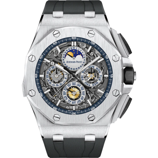 Royal Oak Offshore Grande Complication 44MM Black Rubber Strap Sapphire Dial 18-Carat White Gold Ceramic Bezel