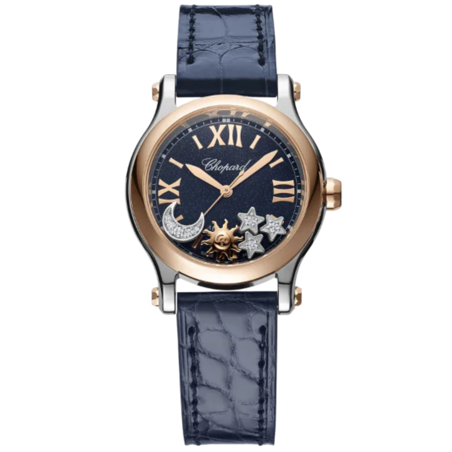 HAPPY SPORT SUN, MOON AND STARS 30 MM ETHICAL ROSE GOLD - LUCENT STEEL™ WITH BLUE DIAL