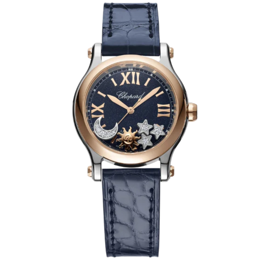 HAPPY SPORT SUN, MOON AND STARS 30 MM ETHICAL ROSE GOLD - LUCENT STEEL™ WITH BLUE DIAL