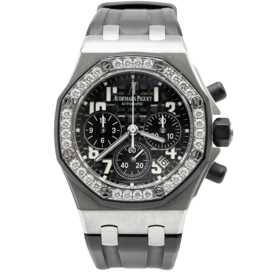 Audemars Piguet 37MM Royal Oak Offshore Ref. 26048SK.ZZ.D002CA.01 Stainless Steel Black Dial with Diamond Bezel