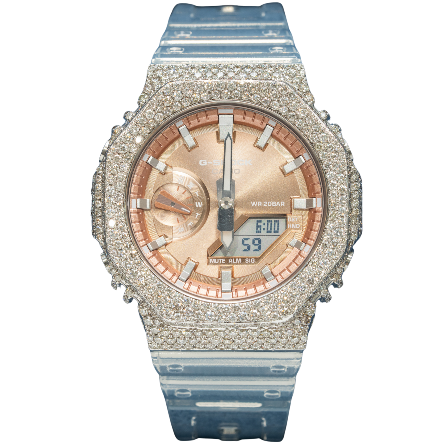 Casio Iced out G-SHOCK Honeycomb Setting All White Bezel 7.90 CTW Diamonds Gold Dial with Transparent Strap