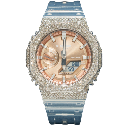 Casio Iced out G-SHOCK Honeycomb Setting All White Bezel 7.90 CTW Diamonds Gold Dial with Transparent Strap