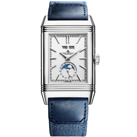 REVERSO TRIBUTE DUOFACE CALENDAR 49 MM STAINLESS STEEL WITH  SILVER GREY AND BLUE DIAL