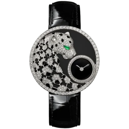 PANTHERE DENTELLE DE CARTIER 36 MM RHODIUMIZED WHITE GOLD CASE WITH BLACK LACQUER DIAL