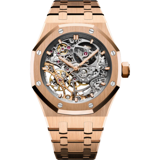 Royal Oak Double Balance Wheel Openworked 37MM 18-Carat Pink Gold Bracelet Openworked Rhodium-Toned Dial 18-Carat Pink Gold Case