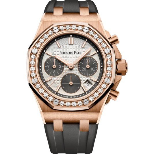 Royal Oak Offshore Selfwinding Chronograph 37MM Grey Rubber Strap Silver-Toned Dial With Lady Tapisserie Pattern 18-Carat Pink Gold Case Diamond-Set Bezel