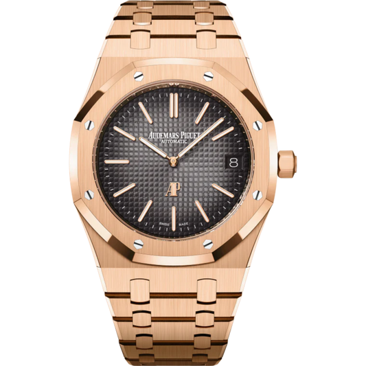 Royal Oak Jumbo Extra-Thin 50th Anniversary 39MM 18-Carat Pink Gold Bracelet Smoked Grey Dial With Petite Tapisserie Pattern 18-Carat Pink Gold Case