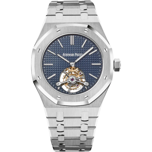 Royal Oak Tourbillon Extra-Thin 41MM Stainless Steel Bracelet Blue Dial With Petite Tapisserie Pattern Stainless Steel Case Black Rubber-Clad Bezel