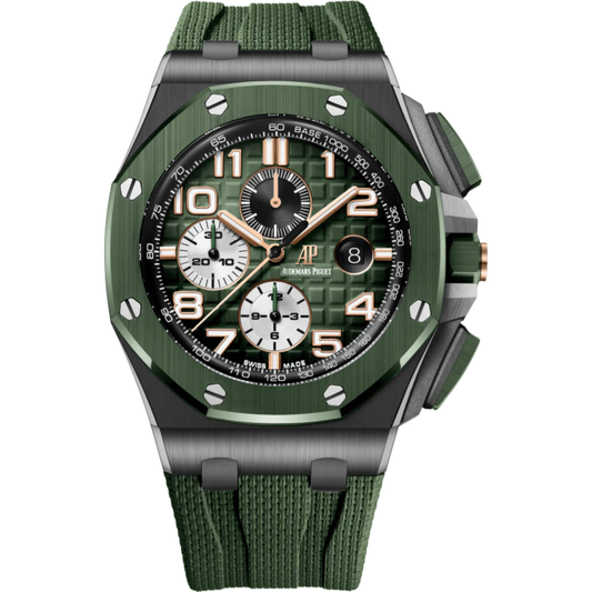 Royal Oak Offshore Selfwinding Chronograph 44MM Green Rubber Strap With Textile Decoration Smoked Green Dial With Mega Tapisserie Pattern Black Ceramic Case Green Ceramic Bezel